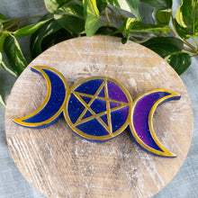 Load image into Gallery viewer, Pentagram and Triple Moon Incense Burner top down on a style background - Down To Earth