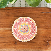 Load image into Gallery viewer, Colorful Mandala Wood Upright Incense Burner top down with plants on a style background - Down To Earth