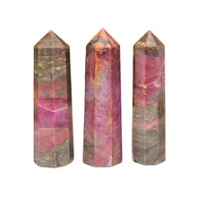 Load image into Gallery viewer, "Three Rhodonite Towers on a white background. This crystal is widely used in the metaphysical community to heal the heart chakra," - Down to Earth.