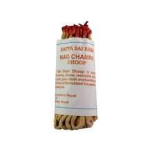Load image into Gallery viewer, "Satya Sai Baba Nag Champa Dhoop incense sticks wrapped in a white paper label on a white background," - Down to Earth.
