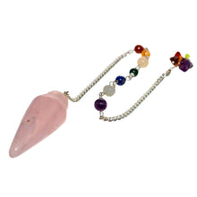 Load image into Gallery viewer, Rose Quartz Curved Pendulum with 7 Chakra Stones Up Close - Down To Earth