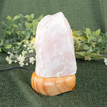 Load image into Gallery viewer, Rough Rose Quartz Lamp without the light on a style background - Down To Earth