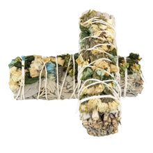 Load image into Gallery viewer, Sage with Blue Sinuata Smudge Stick group photo stack on each other on a white background - Down to Earth
