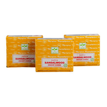 Load image into Gallery viewer, "Three packages of Sandalwood Satya Dhoop Cones on a white background," - Down to Earth.