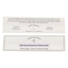 Load image into Gallery viewer, Spiritual Balance Deluxe Set on a white background info card - Down to Earth
