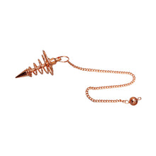 Load image into Gallery viewer, "Side angle of a rose gold spiral pendulum on a white background," - Down to Earth.