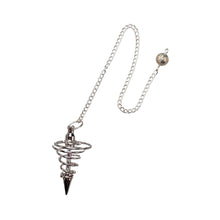 Load image into Gallery viewer, "Top-down view of a silver spiral pendulum on a white background," - Down to Earth.