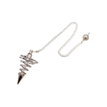Load image into Gallery viewer, "Side angle of a silver spiral pendulum on a white background," - Down to Earth.