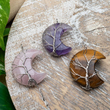 Load image into Gallery viewer, Wire Wrapped Crystal Moon Pendants group styled photo of 3 different crystal options - Down To Earth Online Metaphysical Store