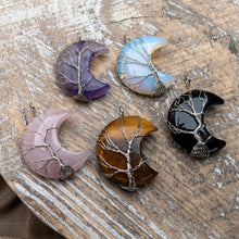 Load image into Gallery viewer, Wire Wrapped Crystal Moon Pendants group styled photo of all 5 different crystal options - Down To Earth Online Metaphysical Store