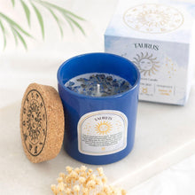 Load image into Gallery viewer, Taurus Zodiac Candle with Crystals and Matching Gift Box Styled Photo - Down To Earth