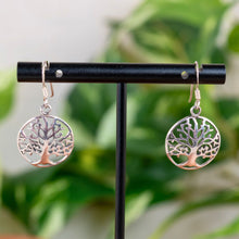 Load image into Gallery viewer, "Silver tree-of-life earrings on a black stand with a green leafy background," - Down to Earth.