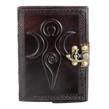 Load image into Gallery viewer, Triple Moon Goddess Leather Journal front facing displayed on a white background - Down To Earth