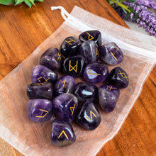 Load image into Gallery viewer, "Amethyst runes on a sheer bag with flowers in the background," - Down to Earth.
