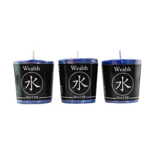 Load image into Gallery viewer, "Three blue Wealth Water Votive Candles on a white background," - Down to Earth.