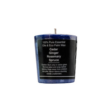 Load image into Gallery viewer, "Back label of a Wealth Water Votive Candle listing the essential oils within the product on a white background," - Down to Earth.