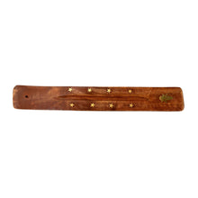 Load image into Gallery viewer, "10'' Wooden Incense Burner with a golden moon goddess embellishment on a white background," - Down to Earth.