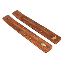 Load image into Gallery viewer, "Two 10'' Wooden Incense Burners with golden embellishments on a white background," - Down to Earth.