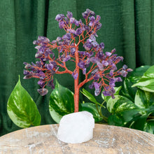 Load image into Gallery viewer, "Amethyst Crystal Chip Tree on a wooden plank with green foliage in the background," - Down to Earth.