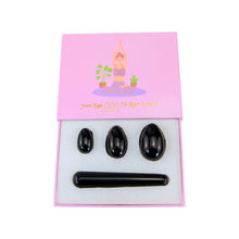 Load image into Gallery viewer, "Top-down view of a four-piece black obsidian yoni egg set. These items are used in Kegel exercises to strengthen the pelvic floor," - Down to Earth.