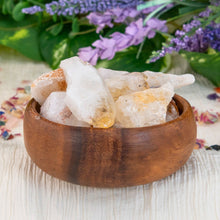 Load image into Gallery viewer, "Wooden bowl overflowing with raw citrine crystal points," - Down to Earth.