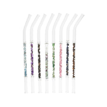 Load image into Gallery viewer, "Set of eight straws with varying types of crystal chips in the bodice against a white backdrop," - Down to Earth.