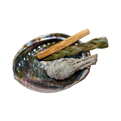 Full Moon Farms Delux Smudging Kit II with White Sage, Palo Santo, Sweetgrass & Abalone Shell - Down To Earth.