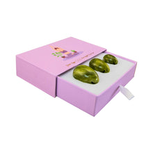 Load image into Gallery viewer, "Left-side view of an open three-piece yoni egg set in the crystal green flower jade," - Down to Earth.