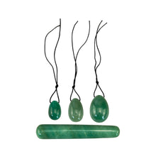 Load image into Gallery viewer, "Four-piece green aventurine yoni egg set outside of its box. These items are used in Kegel exercises to strengthen the pelvic floor," - Down to Earth.