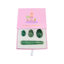 Load image into Gallery viewer, "Set of three green aventurine yoni eggs and a crystal wand within a light pink box," - Down to Earth