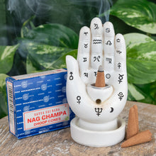 Load image into Gallery viewer, "Single package of Nag Champa Satya Incense Cones next to a Palmistry Incense Burner with green foliage in the background," - Down to Earth.