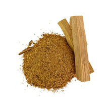 Load image into Gallery viewer, "Top-down view of crushed Palo Santo powder with two sticks of Palo Santo next to the pile on a white background," - Down to Earth.