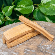 Load image into Gallery viewer, "Four sticks of Palo Santo, also known as sacred wood, on a wooden plank with green foliage in the background," - Down to Earth.