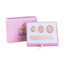 Load image into Gallery viewer, "Set of rose quartz yoni eggs with a crystal wand. These items are used in Kegel exercises to strengthen the pelvic floor," - Down to Earth.