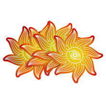 Load image into Gallery viewer, Picture of a group of sunburst eye stickers. These orange and red stickers are holographic and have a rainbow shimmer when the light hits them. - Down to Earth.