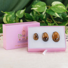 Load image into Gallery viewer, "Three-piece set of tiger's eye yoni eggs in an open light pink box against a greenery background," - Down to Earth.