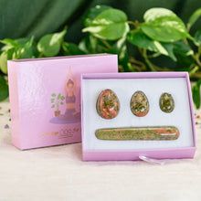 Load image into Gallery viewer, "A four-piece yoni egg set in the crystal Unakite. These items are used in Kegel exercises to strengthen the pelvic floor," - Down to Earth.