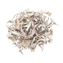 Load image into Gallery viewer, A pile of dried white sage and lavender with a white backdrop. This is a herbal mix sold on our website at www.thedowntoearth.com. - Down to Earth.