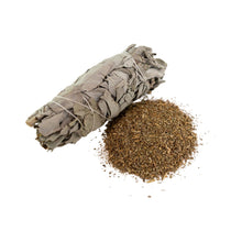 Load image into Gallery viewer, "Bundled sage and scattered ground sage on a white background," - Down to Earth.
