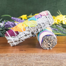 Load image into Gallery viewer, 7 Chakra White Sage Smudge Stick on a style background - Down To Earth
