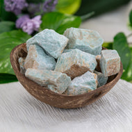 Raw Amazonite side angle in a coconut shell - Down To Earth