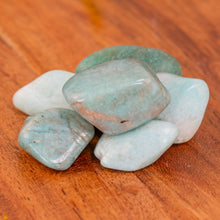Load image into Gallery viewer, Amazonite Tumbled on a wooden surface close up - Down to Earth
