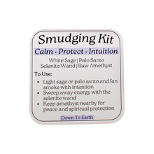 Load image into Gallery viewer, "Amethyst Smudging Kit Info Card on a white background," - Down to Earth.
