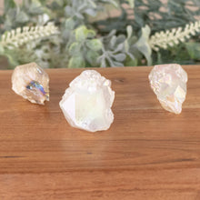 Load image into Gallery viewer, Three Angel Aura Qaurtz Points front facing on a style background - Down To Earth
