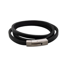 Load image into Gallery viewer, "Black leather bracelet with a silver clasp on a white background," - Down to Earth.
