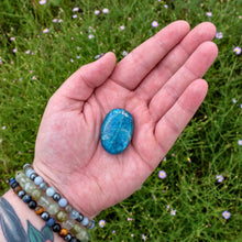Load image into Gallery viewer, &quot;Open hand with a small tumbled Blue Apatite palm stone in the center with greenery in the background,&quot; - Down to Earth.
