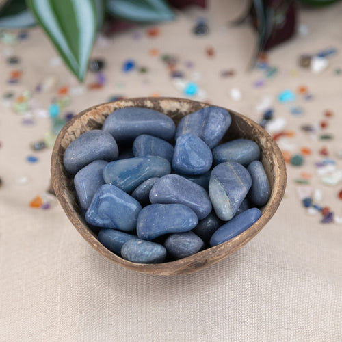 Tumbled Blue Quartz Crystals in a styled photo - Down To Earth