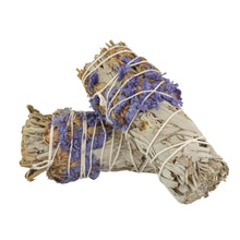Load image into Gallery viewer, Blue Sage with Flowers Smudge Stick group photo stack on each other on a white background - Down To Earth
