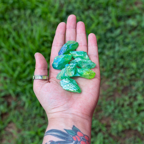 Blue & Green Aura Quartz Raw in Palm of a Hand - Down To Earth