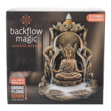 Load image into Gallery viewer, Bronze Buddha Backflow Incense Burner front side of the packaging displayed on a white background - Down To Earth
